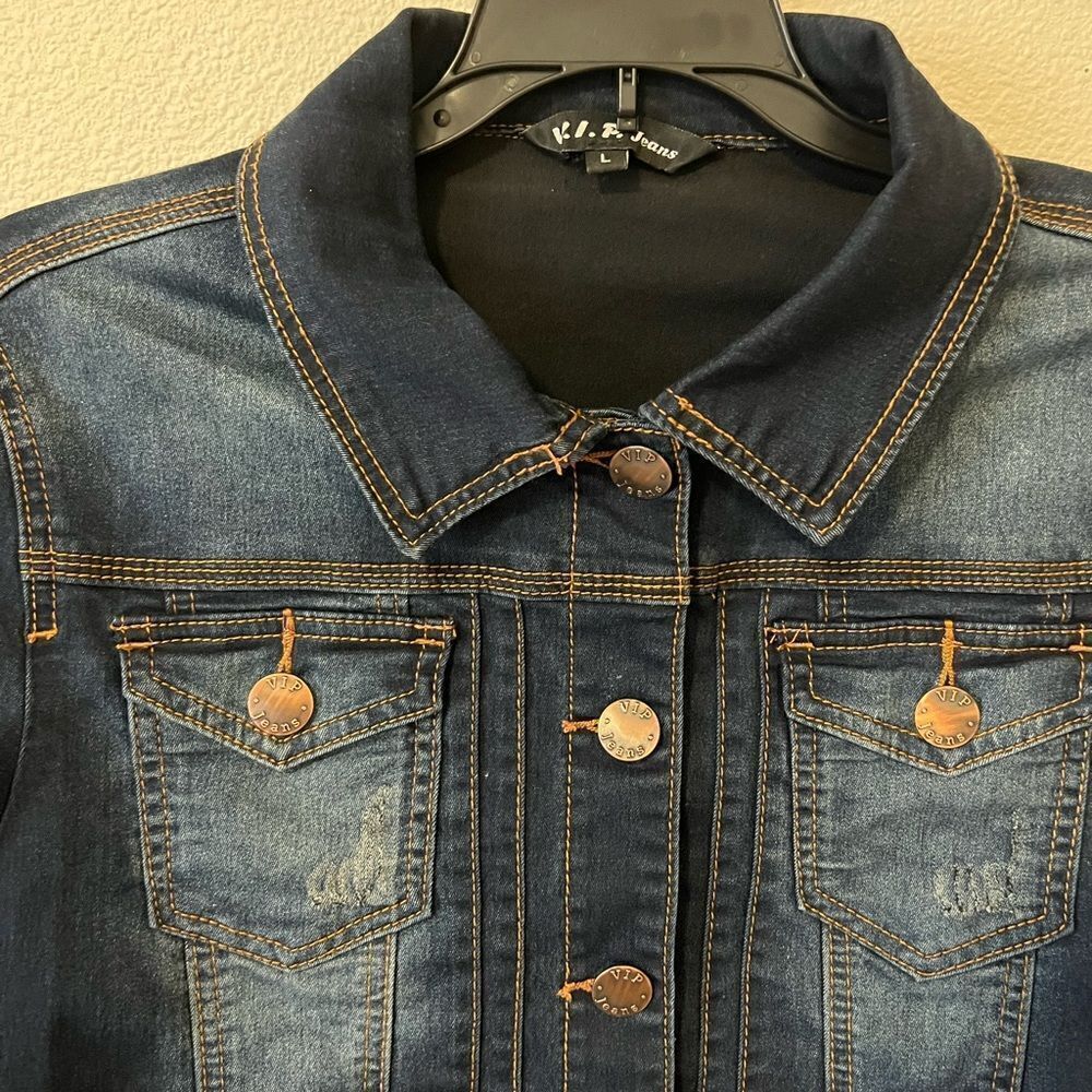 V.I.P Jeans Navy blue back cut Women Denim jacket size L - Picture 8 of 9